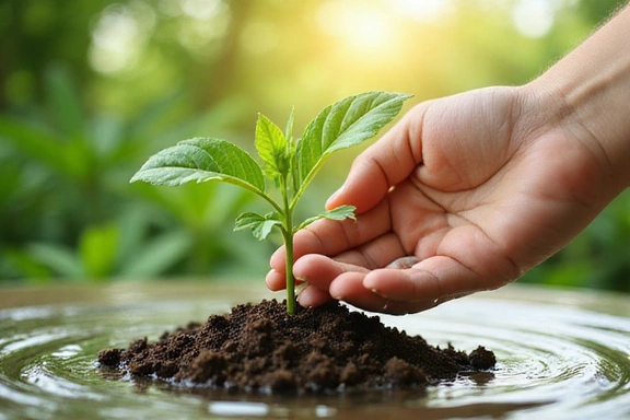 Image representing natural ingredients and sustainable practices, showing lush green plants, clear water, and a hand gently tending to a sprouting seed, symbolizing growth and purity.