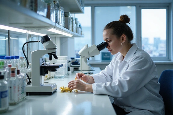 Image conveying transparency and a clean production process, showing a bright, modern laboratory with visible, well-organized equipment and a scientist examining a natural substance under a microscope, symbolizing meticulous quality control.