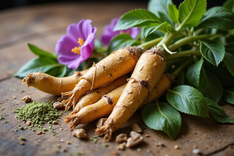 A vibrant collection of natural ingredients like ginseng roots, rhodiola rosea flowers, green tea leaves, and maca root on a wooden table, representing pure and potent components.