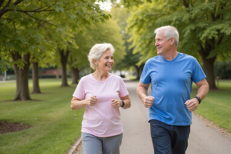 Smiling elderly couple exercising together